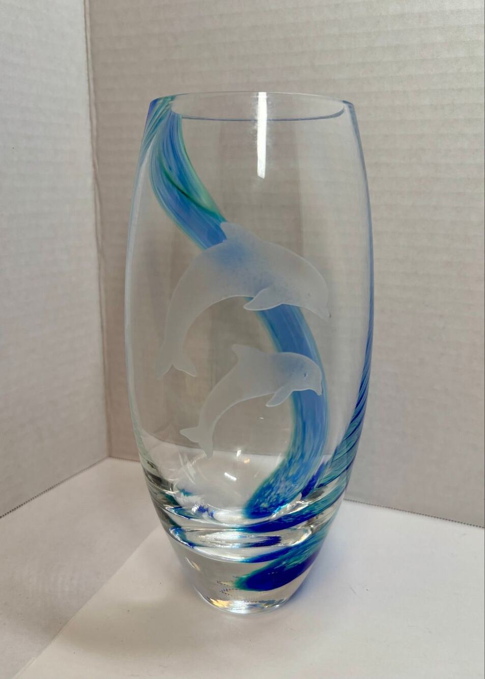 Lenox Art Glass Vase Etched Dolphin "Undersea Paradise" Blue Wave